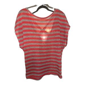 🍀NEEDLE & THREAD “X” Back Coral Pink & Gray Striped Knit Top Size S